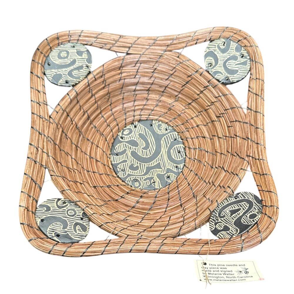 Vintage Handmade Pine needle and  Clay Basket Signed Melanie Walter